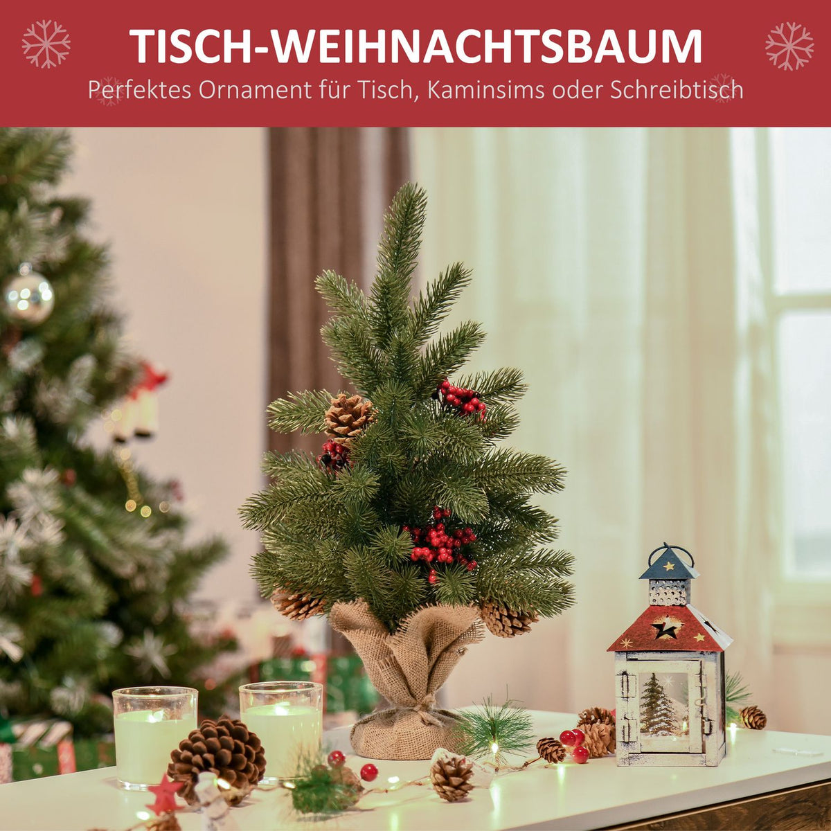Christmas Tree 50 Cm With 4 Red Berries And 4 Pine Cones Artificial Fir 55 Branches Stable And Durable Base Pe Cement Burlap Ø28 X 50 Cm