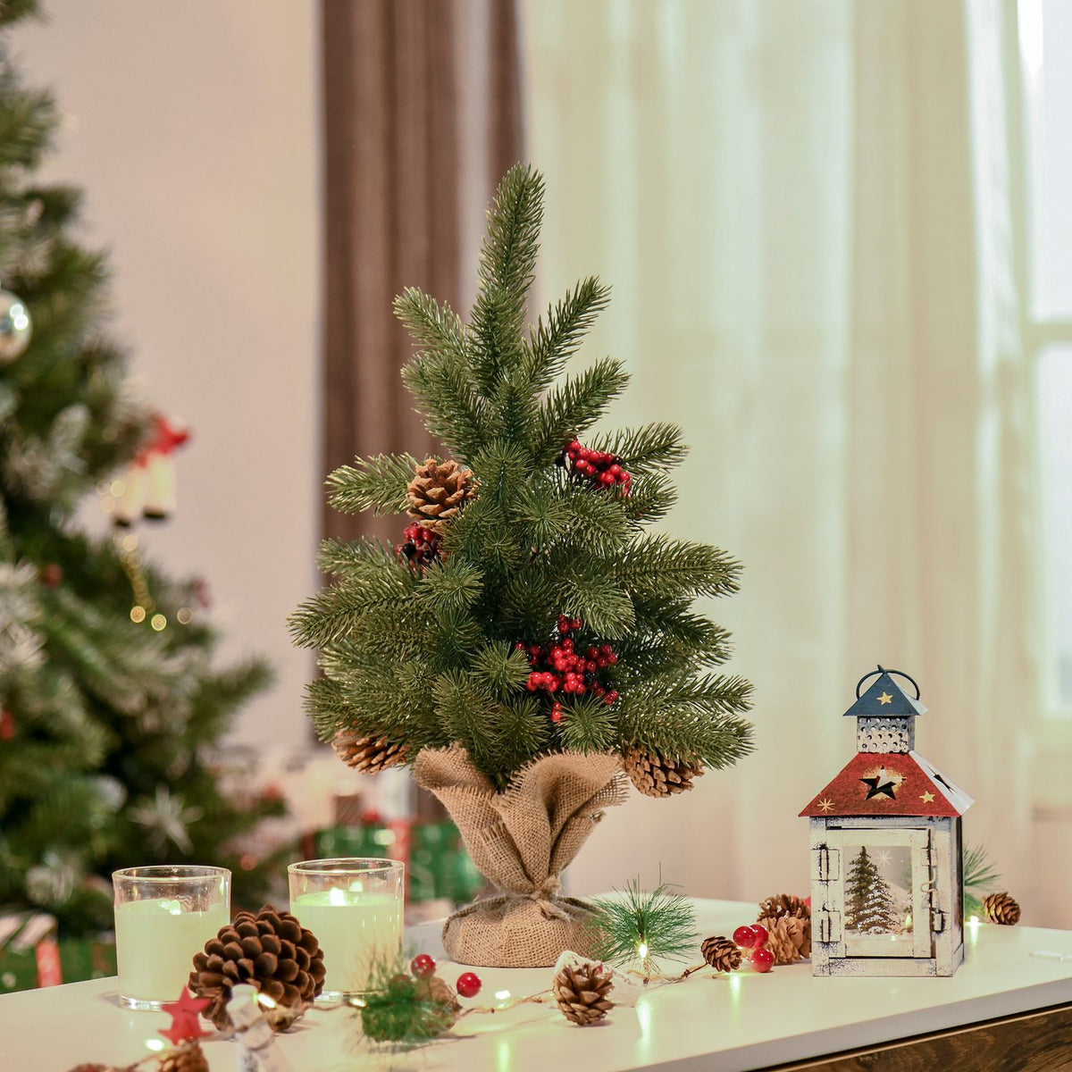 Christmas Tree 50 Cm With 4 Red Berries And 4 Pine Cones Artificial Fir 55 Branches Stable And Durable Base Pe Cement Burlap Ø28 X 50 Cm