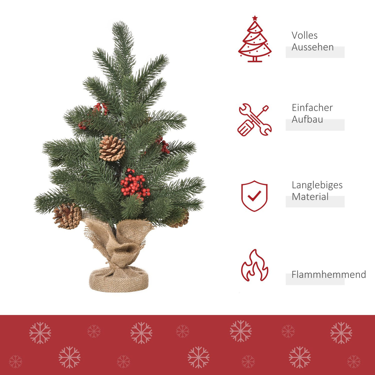 Christmas Tree 50 Cm With 4 Red Berries And 4 Pine Cones Artificial Fir 55 Branches Stable And Durable Base Pe Cement Burlap Ø28 X 50 Cm