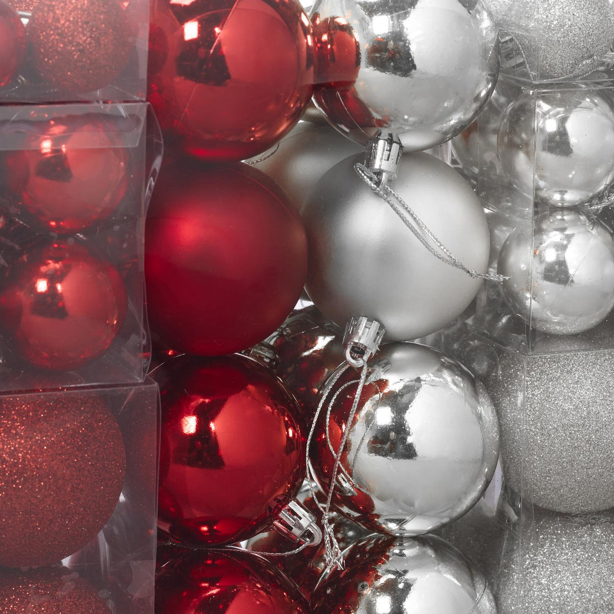 Christmas Tree Baubles Set, Red & Silver, Various Sizes