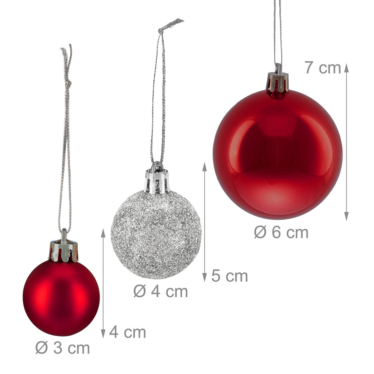 Christmas Tree Baubles Set, Red & Silver, Various Sizes