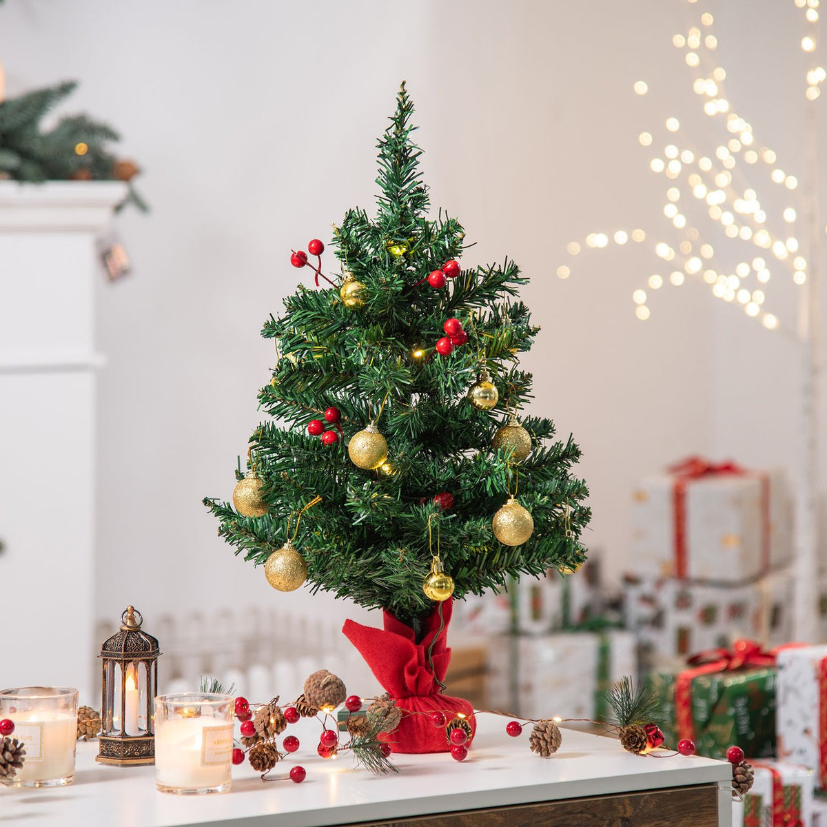 Christmas Tree Small, Mini Christmas Tree With Holly Berries, Balls And Led Lights For Table Green Pvc ∅40 X 60 Cm
