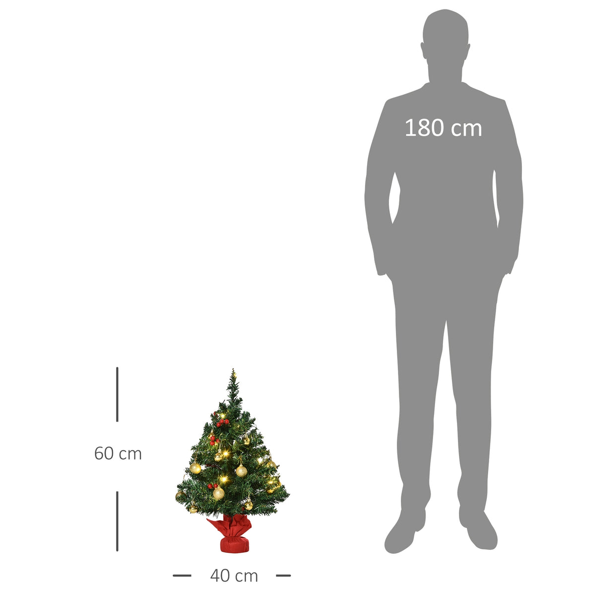 Christmas Tree Small, Mini Christmas Tree With Holly Berries, Balls And Led Lights For Table Green Pvc ∅40 X 60 Cm
