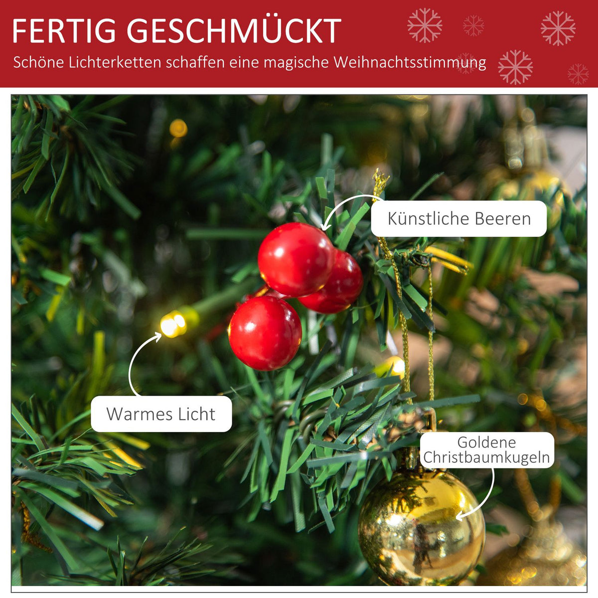 Christmas Tree Small, Mini Christmas Tree With Holly Berries, Balls And Led Lights For Table Green Pvc ∅40 X 60 Cm