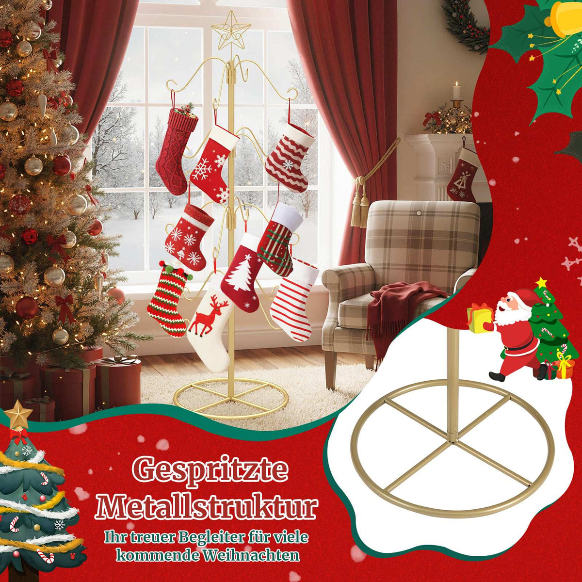 Christmas Tree Stocking Holder with 16 Hooks, Gold Metal