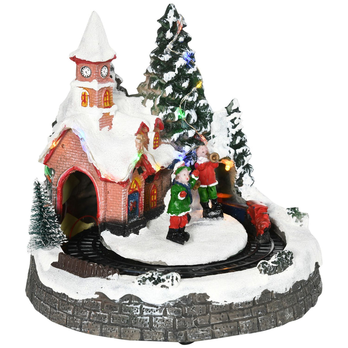 Christmas Village Christmas town with LED lighting, 1 church, 5 Christmas trees, 1 square, 2 musicians, 1 commander and 1 moving train Winter landscape for Christmas