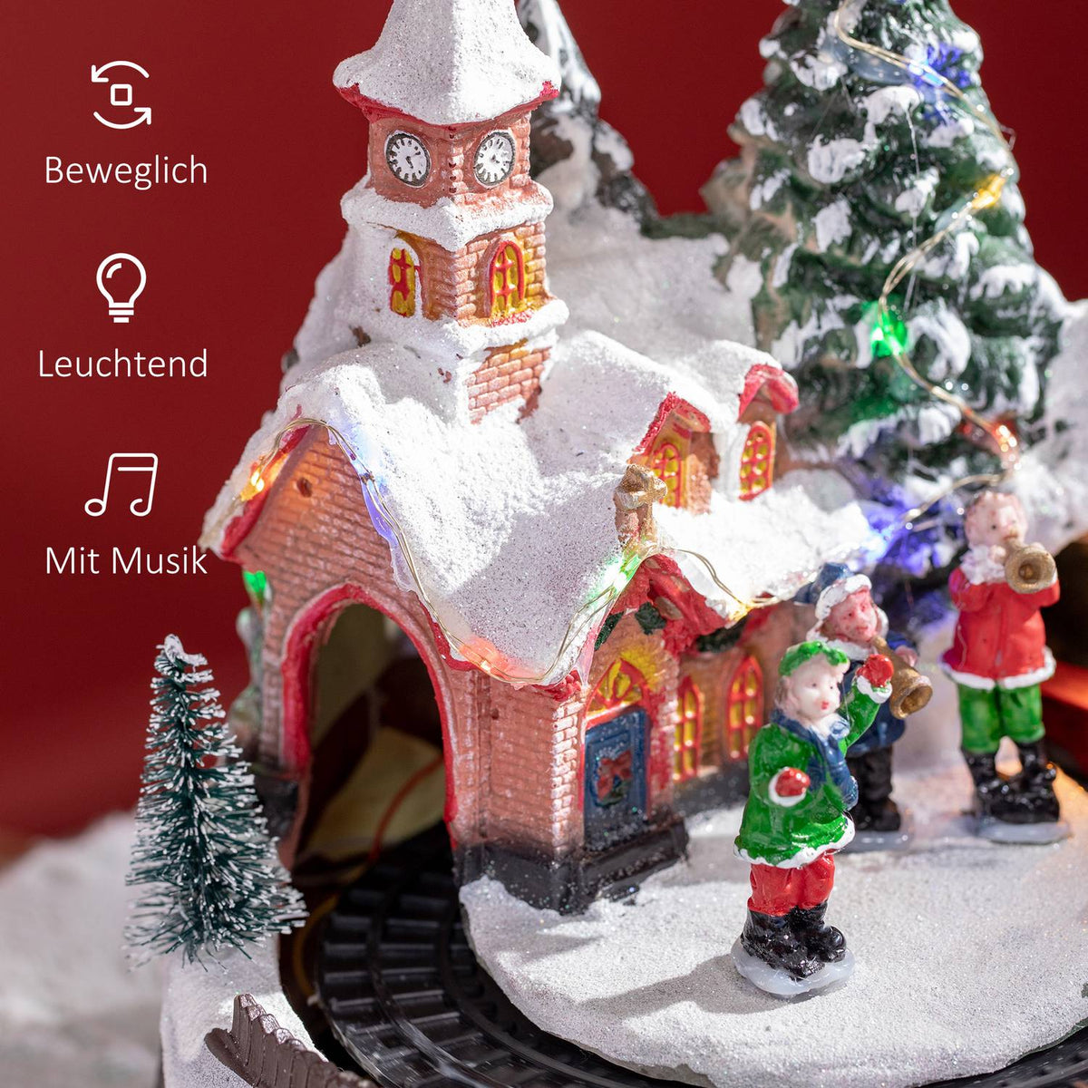 Christmas Village Christmas town with LED lighting, 1 church, 5 Christmas trees, 1 square, 2 musicians, 1 commander and 1 moving train Winter landscape for Christmas