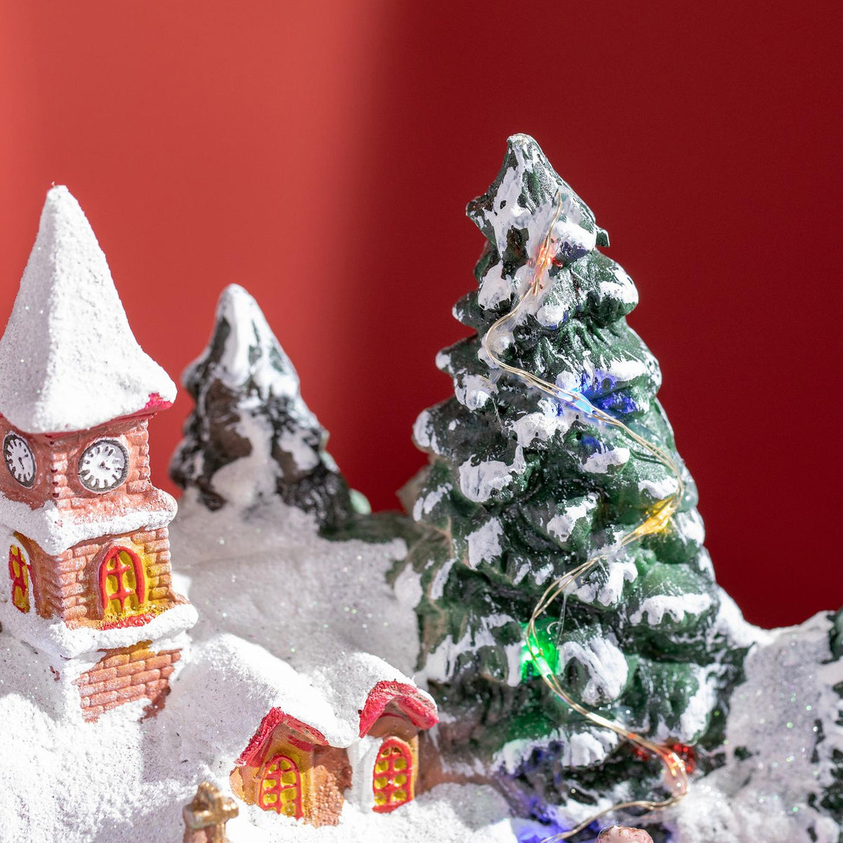 Christmas Village Christmas town with LED lighting, 1 church, 5 Christmas trees, 1 square, 2 musicians, 1 commander and 1 moving train Winter landscape for Christmas