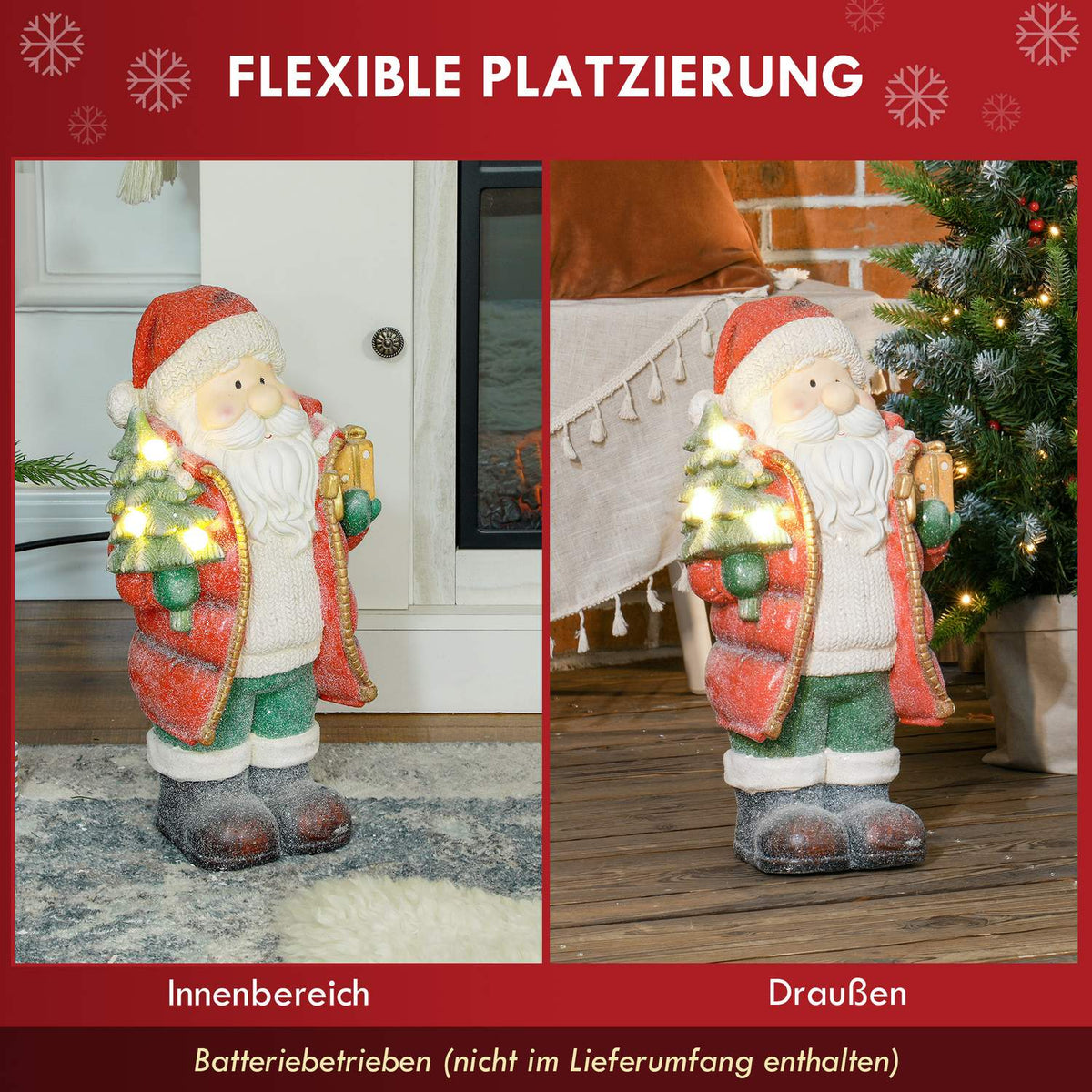 Christmas decoration figure, Santa Claus with Christmas tree and gift, 50 cm Christmas figure with LED light, decorative figure for Christmas, for indoor and outdoor use