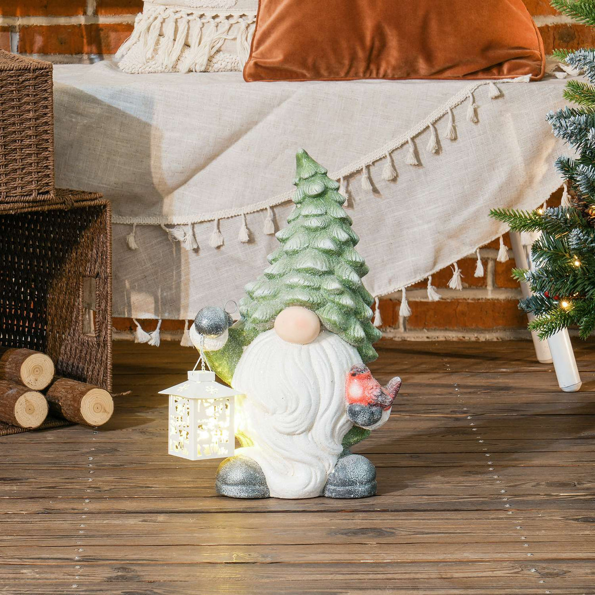 Christmas decoration figure, Santa Claus with Christmas tree hat and lantern, 42 cm Christmas figure with LED light, decorative figure for Christmas, for indoor and outdoor use