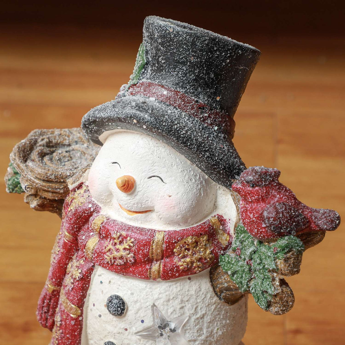 Christmas decoration figure, snowman with scarves, hats and birds, 38 cm Christmas figure with LED light, decorative figure for Christmas, for indoor and outdoor use