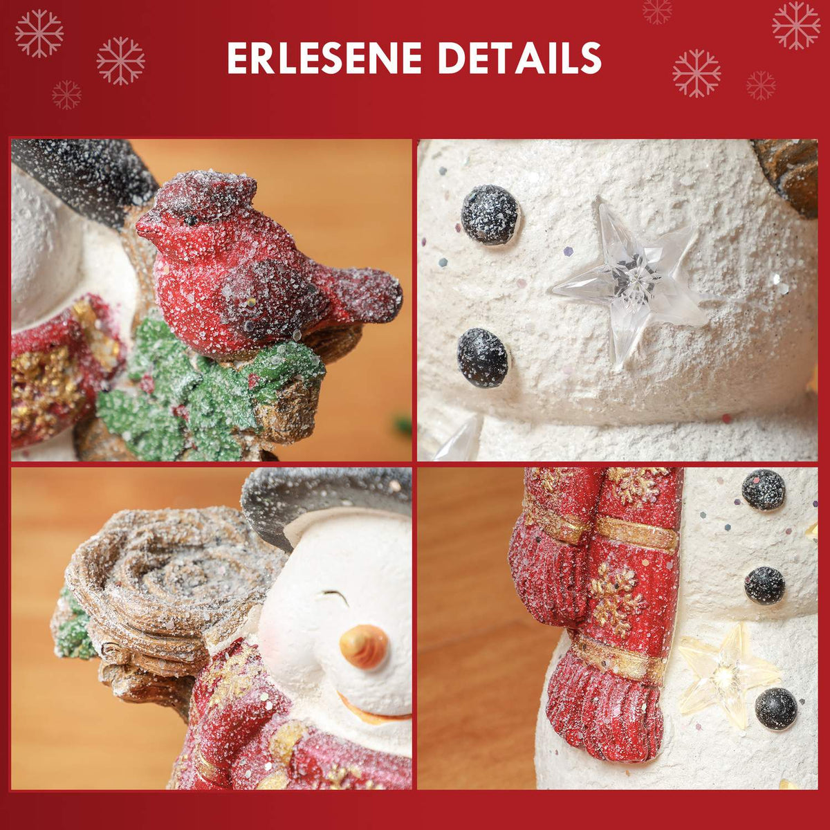 Christmas decoration figure, snowman with scarves, hats and birds, 38 cm Christmas figure with LED light, decorative figure for Christmas, for indoor and outdoor use