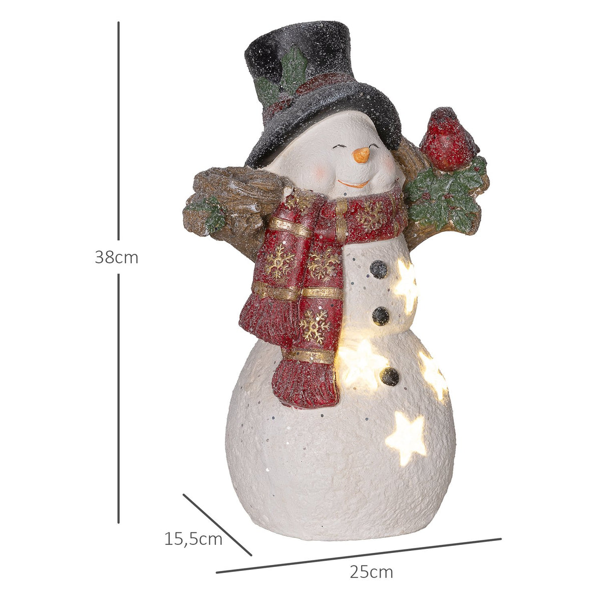 Christmas decoration figure, snowman with scarves, hats and birds, 38 cm Christmas figure with LED light, decorative figure for Christmas, for indoor and outdoor use