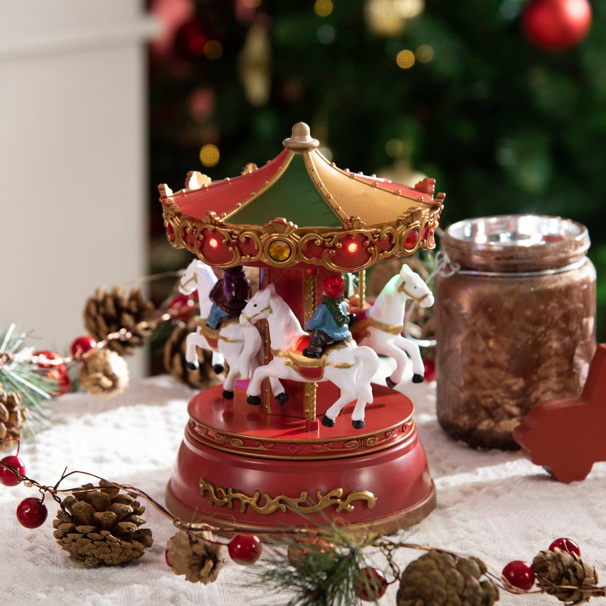 Christmas music box carousel with 3 modes music & LED rotating carousel 13x13x18.5 cm as a Christmas gift made of plastic