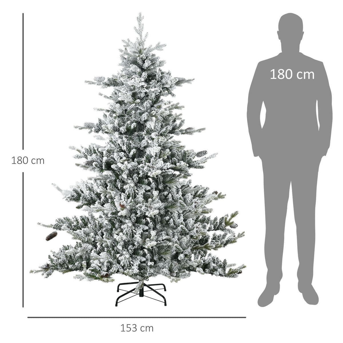 Christmas tree 180 cm artificial Christmas tree with artificial snow, artificial fir with 1471 branch tips, base for Christmas parties, indoor, green