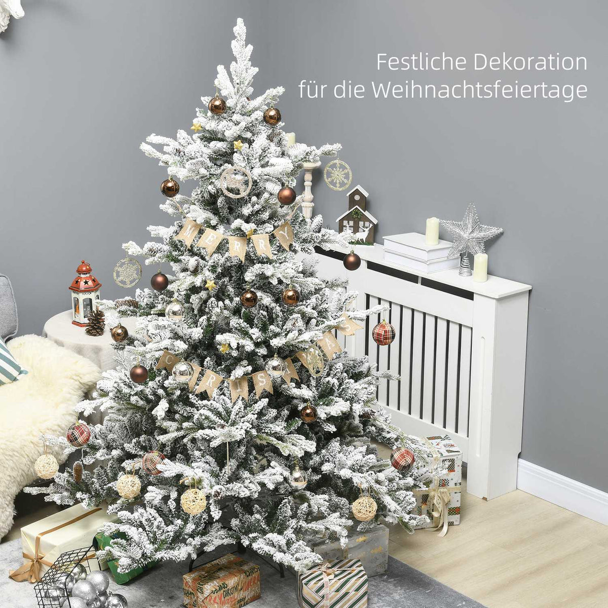 Christmas tree 180 cm artificial Christmas tree with artificial snow, artificial fir with 1471 branch tips, base for Christmas parties, indoor, green