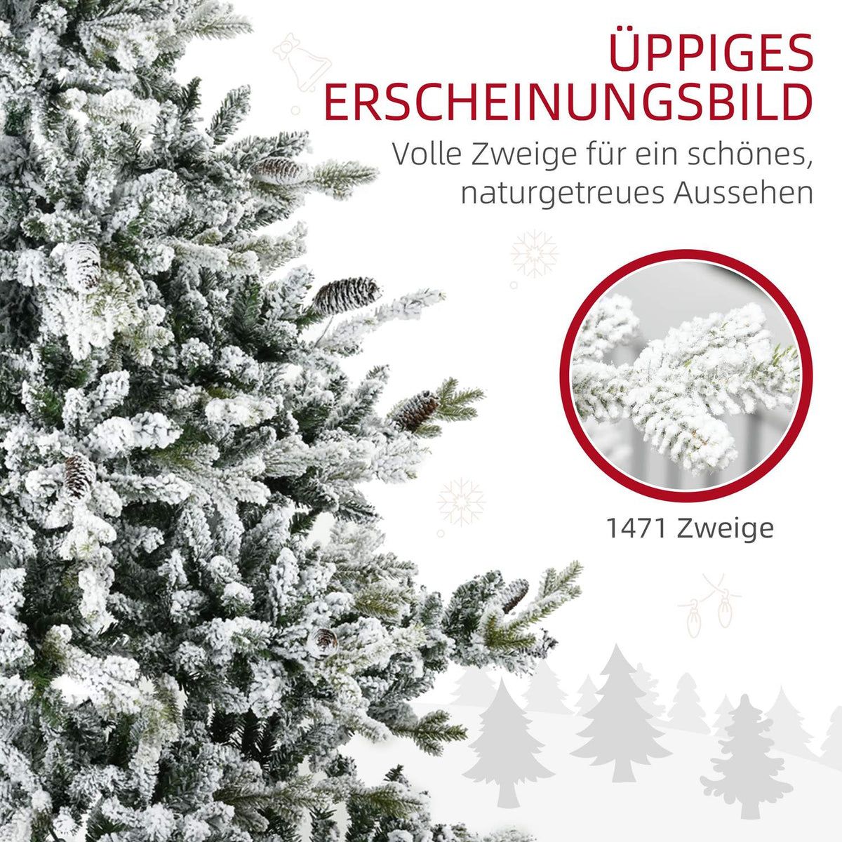 Christmas tree 180 cm artificial Christmas tree with artificial snow, artificial fir with 1471 branch tips, base for Christmas parties, indoor, green
