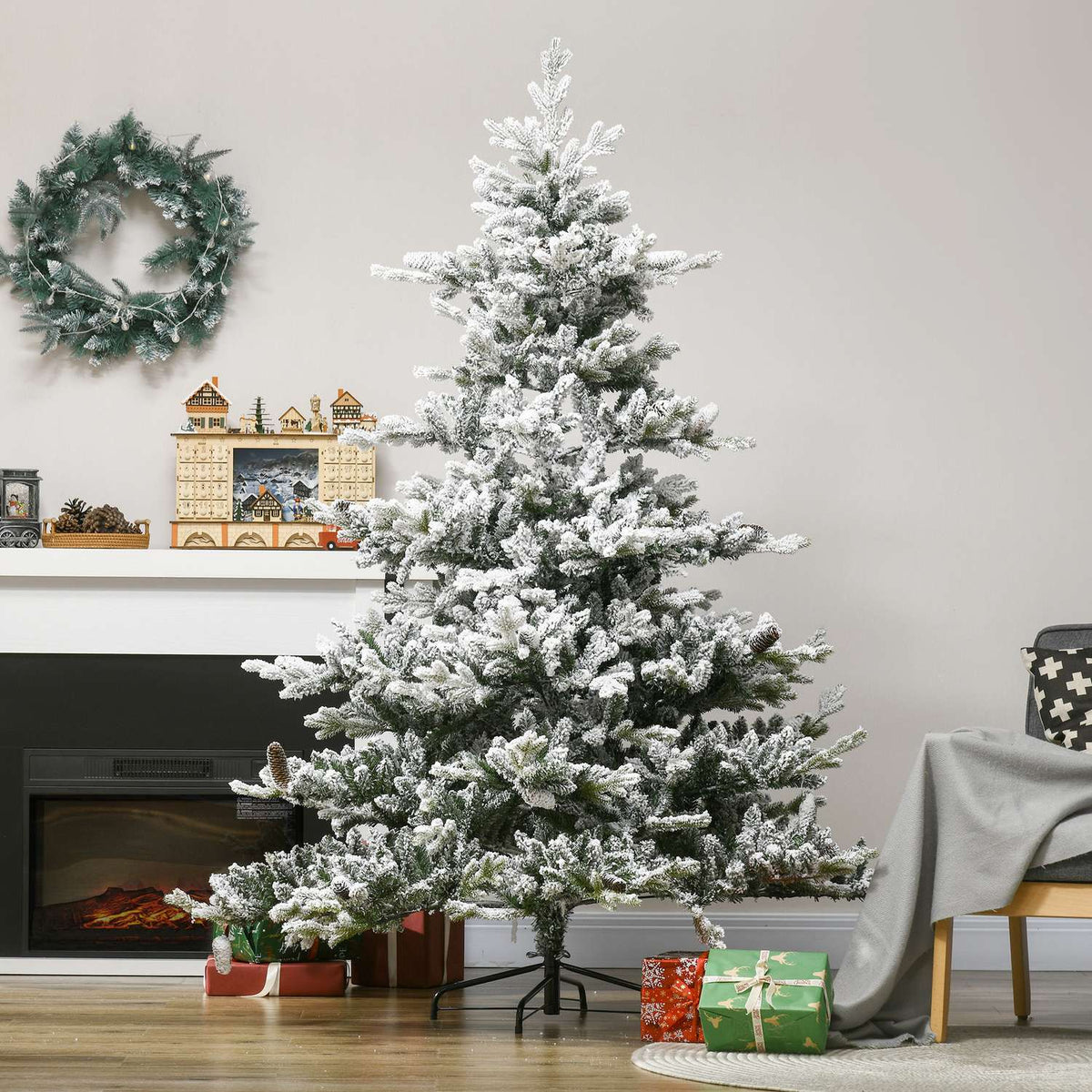 Christmas tree 180 cm artificial Christmas tree with artificial snow, artificial fir with 1471 branch tips, base for Christmas parties, indoor, green