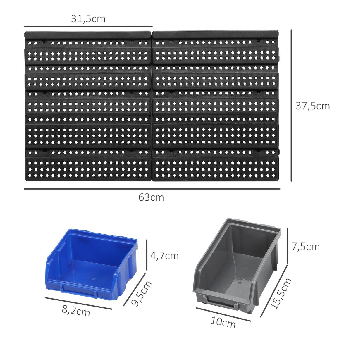 Chute shelf, 63 x 18 x 37.5 cm, 30 boxes in 2 sizes, with 2 perforated plates, enough space, for garage workshop, plastic, blue