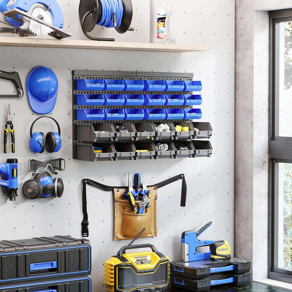 Chute shelf, 63 x 18 x 37.5 cm, 30 boxes in 2 sizes, with 2 perforated plates, enough space, for garage workshop, plastic, blue
