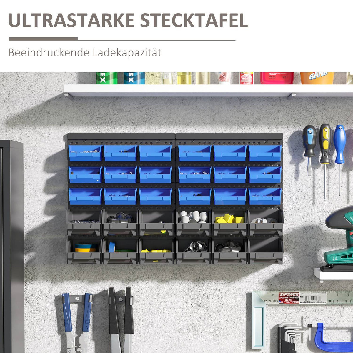 Chute shelf, 63 x 18 x 37.5 cm, 30 boxes in 2 sizes, with 2 perforated plates, enough space, for garage workshop, plastic, blue