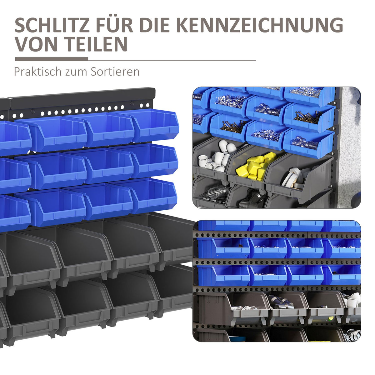 Chute shelf, 63 x 18 x 37.5 cm, 30 boxes in 2 sizes, with 2 perforated plates, enough space, for garage workshop, plastic, blue