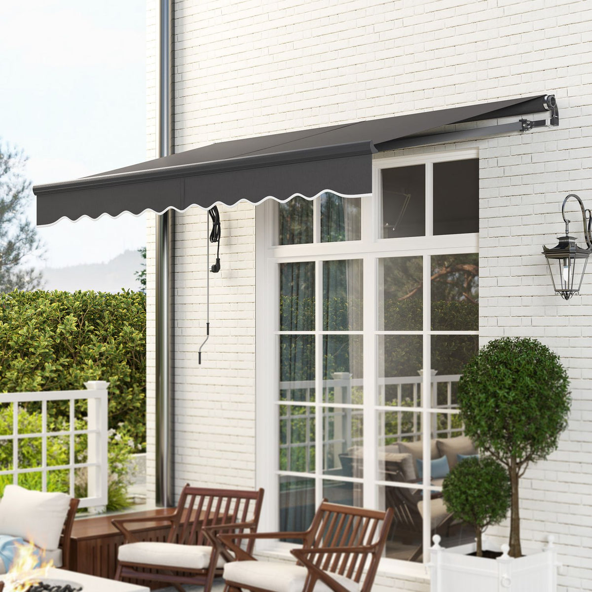 Clamp awning with hand crank, electrically height-adjustable, folding arm awning, sun protection, UV 30+, balcony awning incl. wall bracket, sun awning, 300 cm wide, for terrace, balcony, dark gray