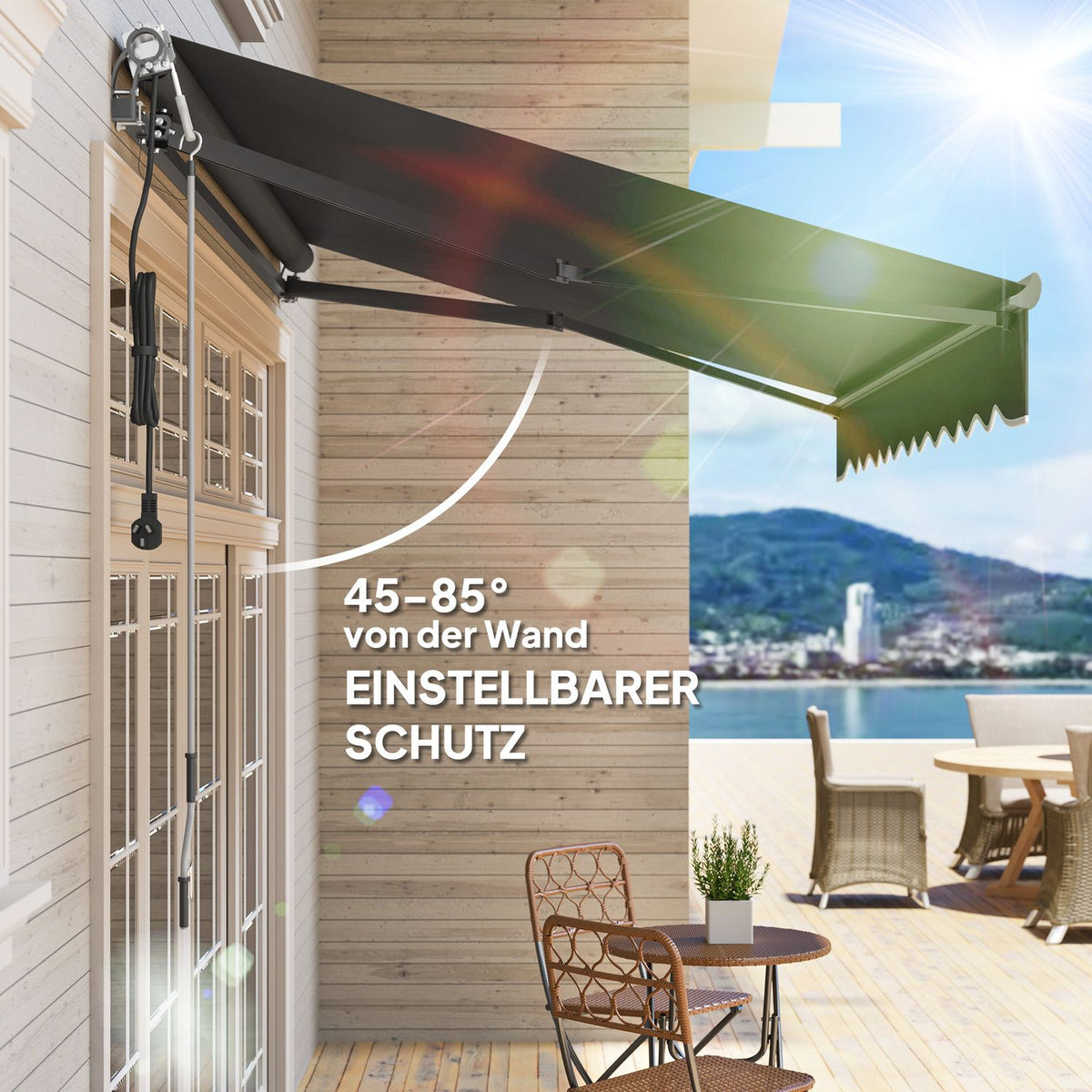 Clamp awning with hand crank, electrically height-adjustable, folding arm awning, sun protection, UV 30+, balcony awning incl. wall bracket, sun awning, 300 cm wide, for terrace, balcony, dark gray
