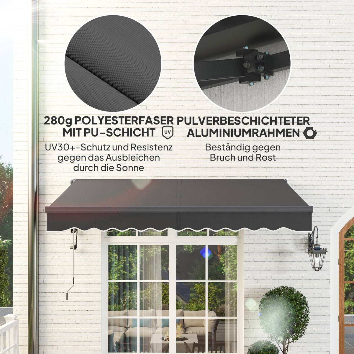 Clamp awning with hand crank, electrically height-adjustable, folding arm awning, sun protection, UV 30+, balcony awning incl. wall bracket, sun awning, 300 cm wide, for terrace, balcony, dark gray