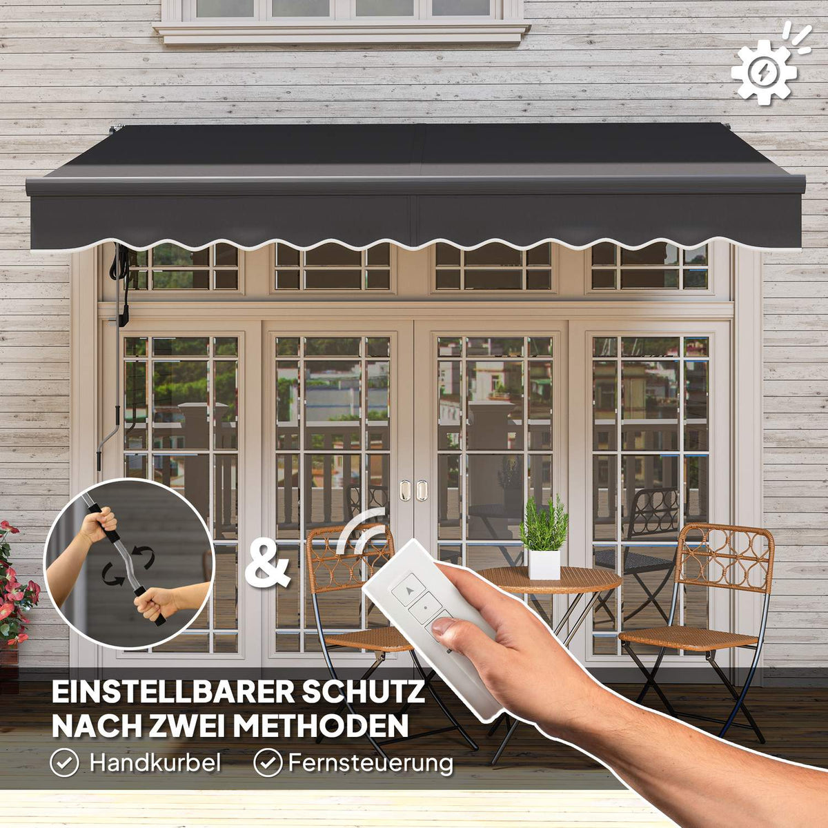 Clamp awning with hand crank, electrically height-adjustable, folding arm awning, sun protection, UV 30+, balcony awning incl. wall bracket, sun awning, 300 cm wide, for terrace, balcony, dark gray