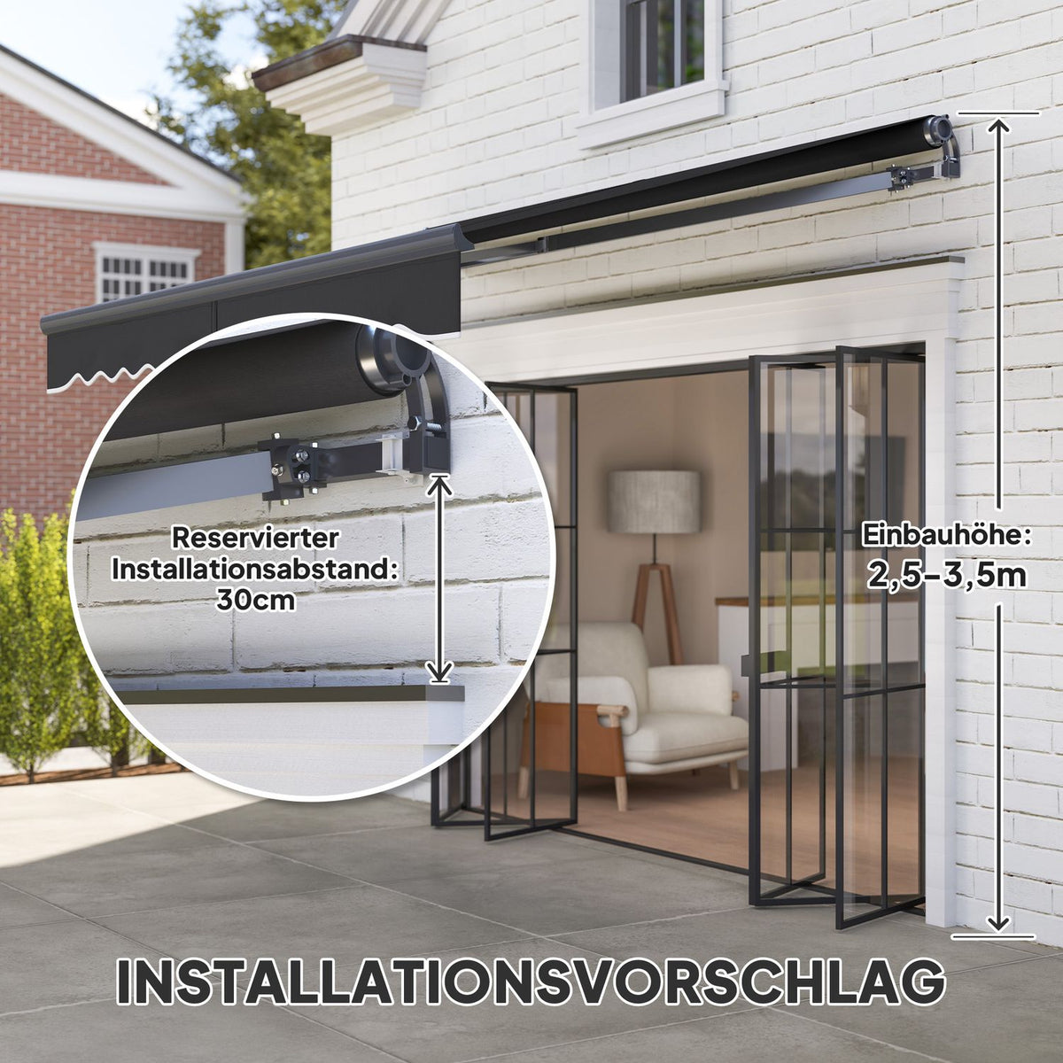 Clamp awning with hand crank, electrically height-adjustable, folding arm awning, sun protection, UV 30+, balcony awning incl. wall bracket, sun awning, 300 cm wide, for terrace, balcony, dark gray