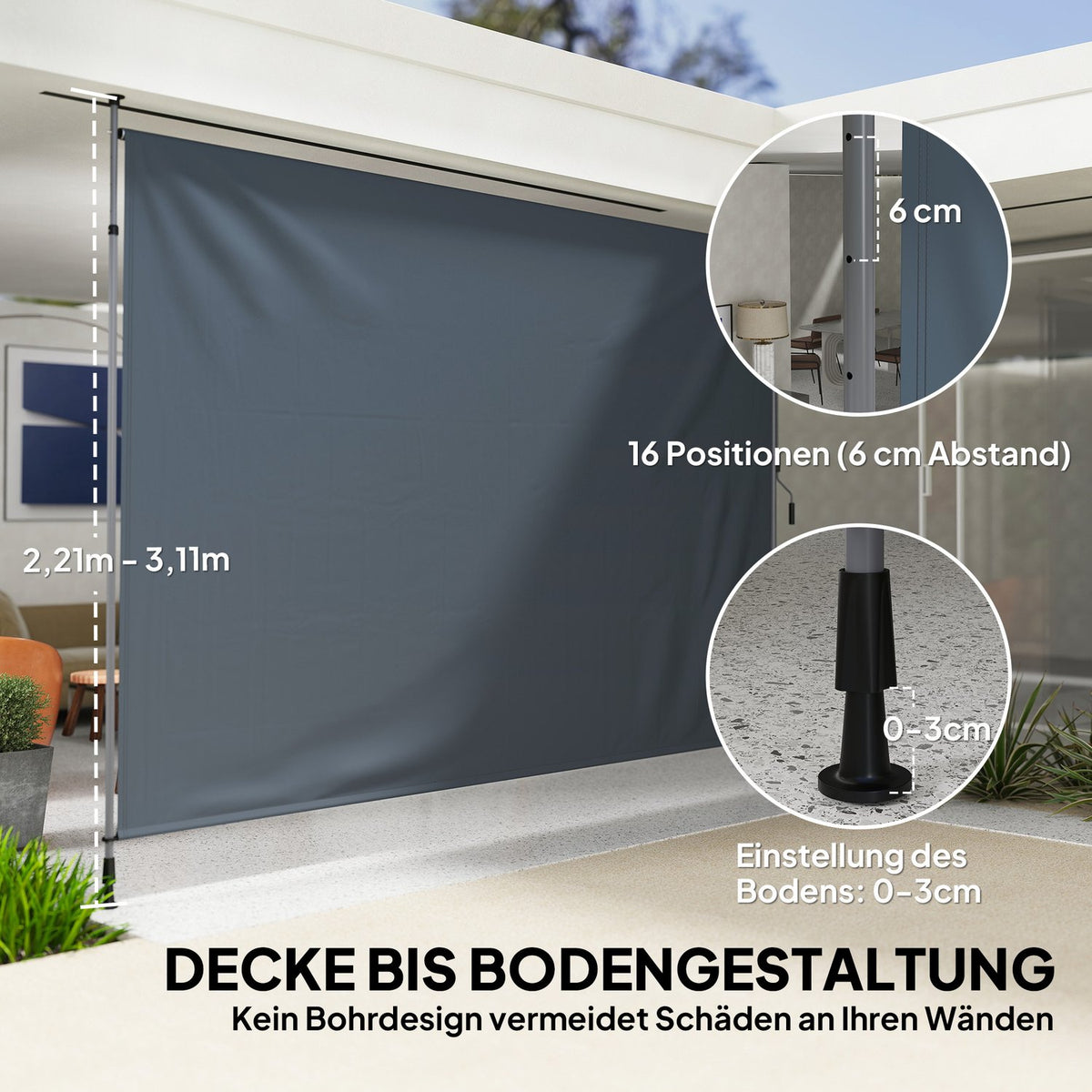 Clamp awning with hand crank, height-adjustable, folding arm awning, no drilling, sun protection, UV-resistant, including wall bracket, sun awning, 350 cm wide for terrace, balcony, dark gray