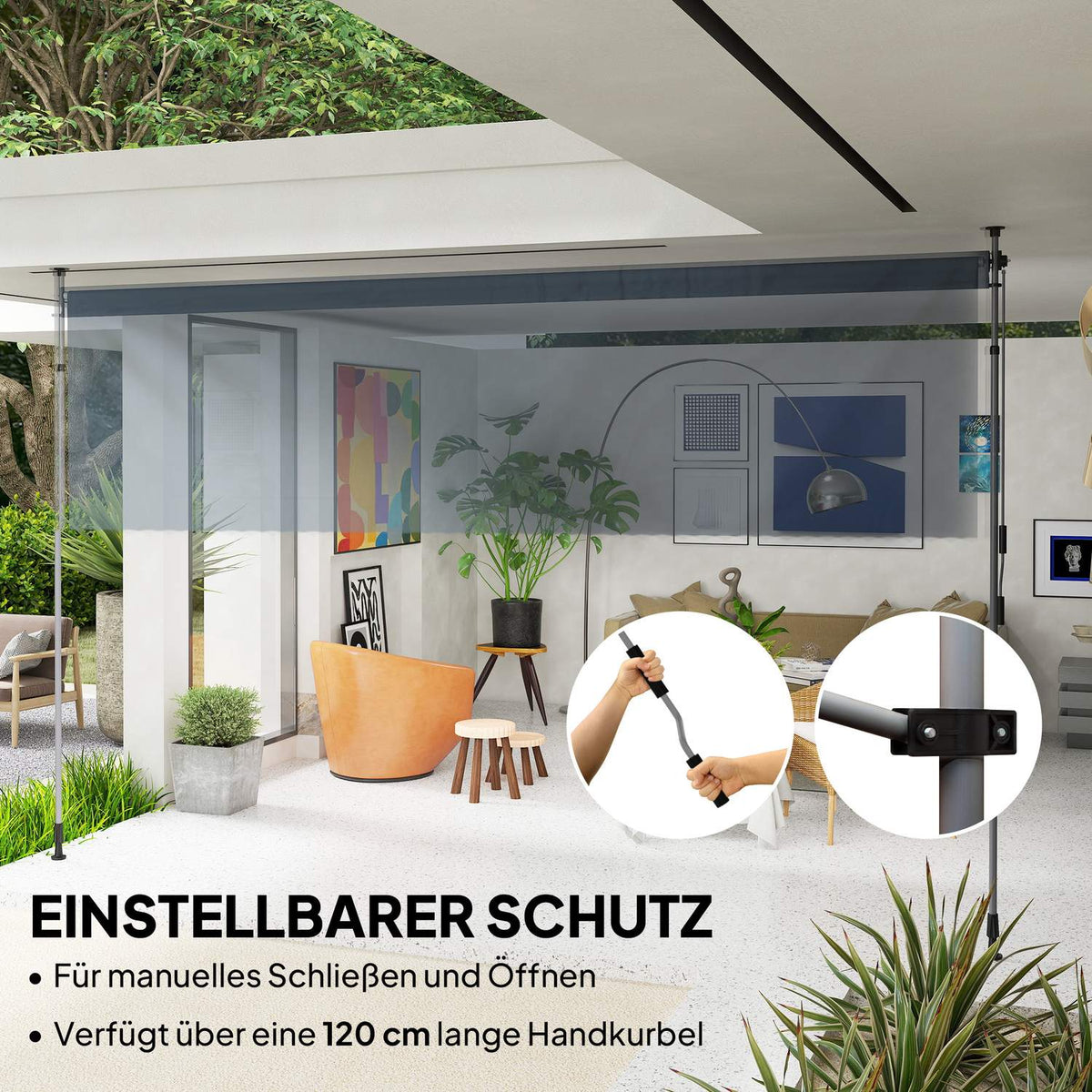 Clamp awning with hand crank, height-adjustable, folding arm awning, no drilling, sun protection, UV-resistant, including wall bracket, sun awning, 400 cm wide for terrace, balcony, dark gray