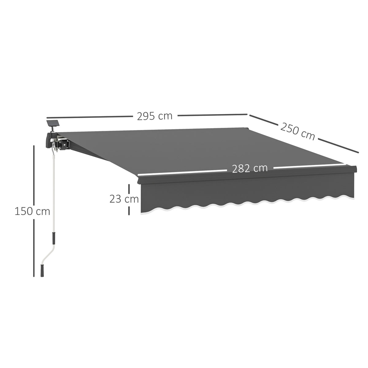 Clamp awning with hand crank, solar light, folding arm awning, sun protection, UV 50+, balcony awning incl. wall bracket, sun awning, 300 cm wide for terrace, balcony, veranda, gray