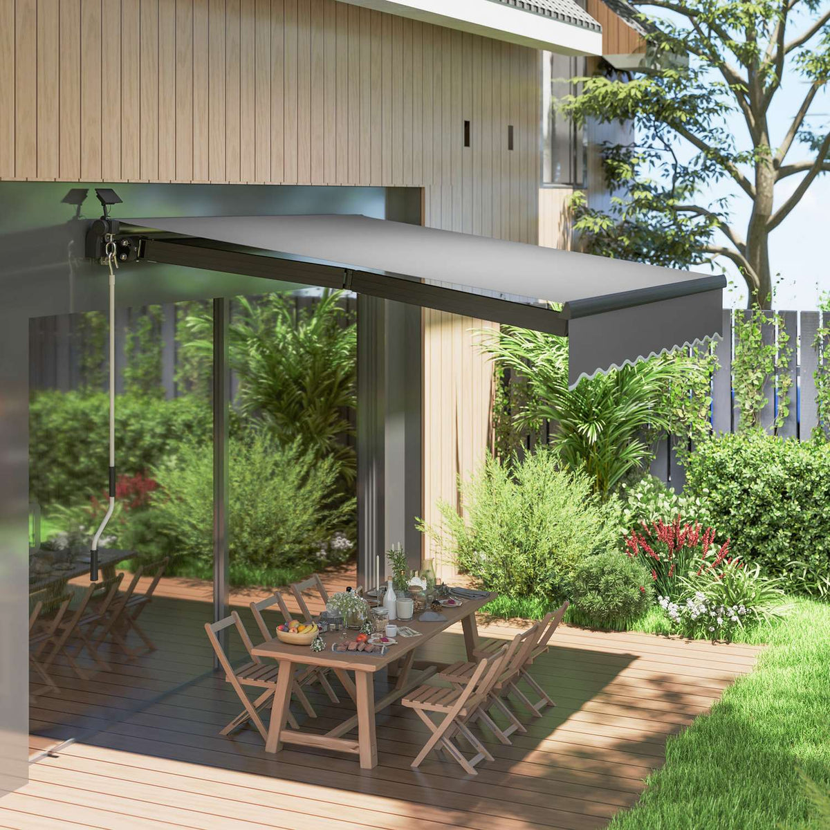 Clamp awning with hand crank, solar light, folding arm awning, sun protection, UV 50+, balcony awning incl. wall bracket, sun awning, 300 cm wide for terrace, balcony, veranda, gray