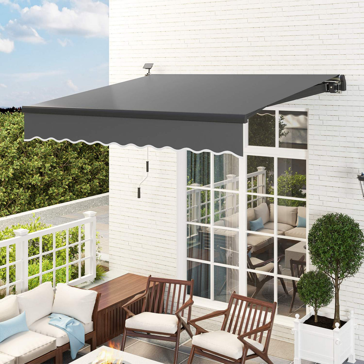 Clamp awning with hand crank, solar light, folding arm awning, sun protection, UV 50+, balcony awning incl. wall bracket, sun awning, 300 cm wide for terrace, balcony, veranda, gray