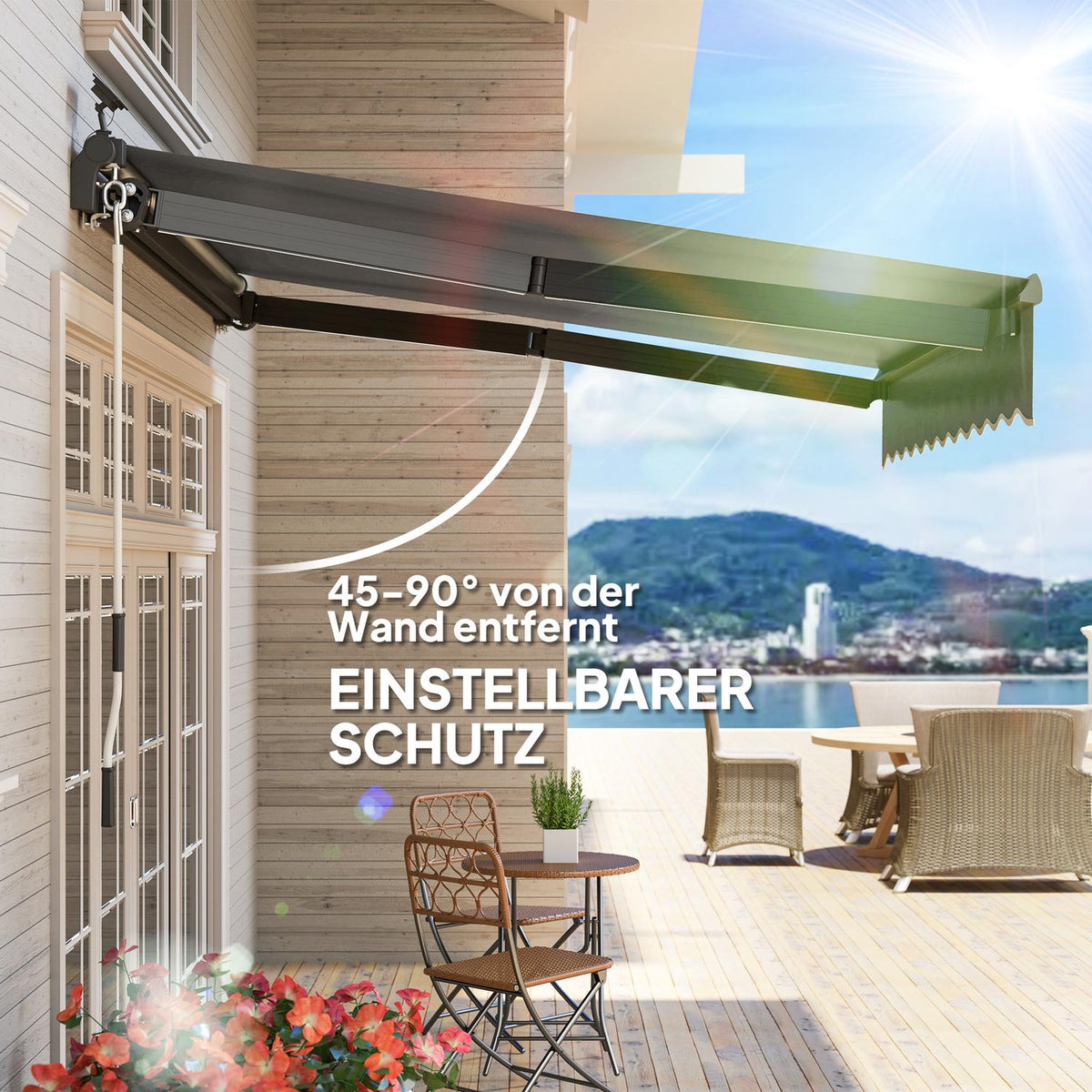 Clamp awning with hand crank, solar light, folding arm awning, sun protection, UV 50+, balcony awning incl. wall bracket, sun awning, 300 cm wide for terrace, balcony, veranda, gray
