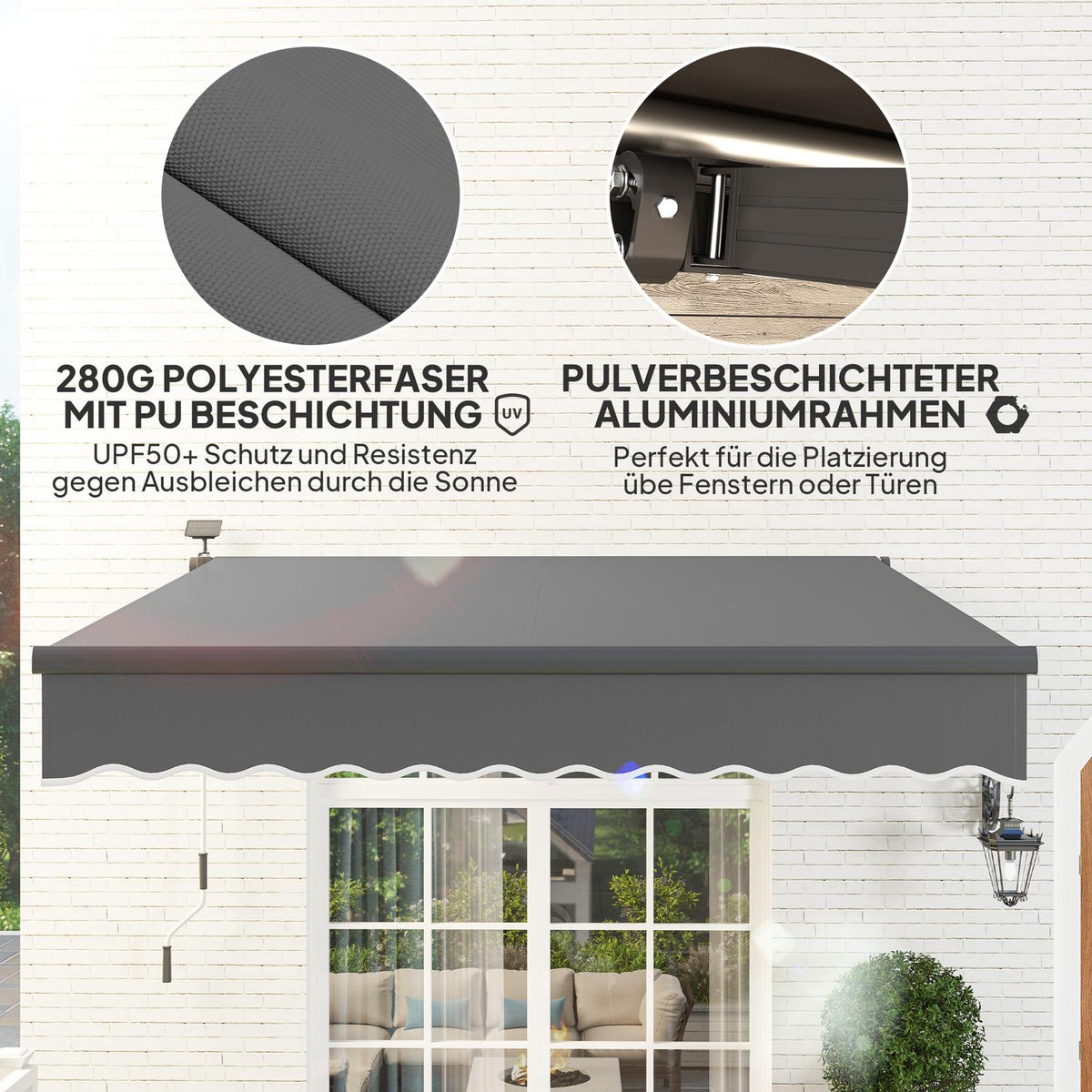 Clamp awning with hand crank, solar light, folding arm awning, sun protection, UV 50+, balcony awning incl. wall bracket, sun awning, 300 cm wide for terrace, balcony, veranda, gray