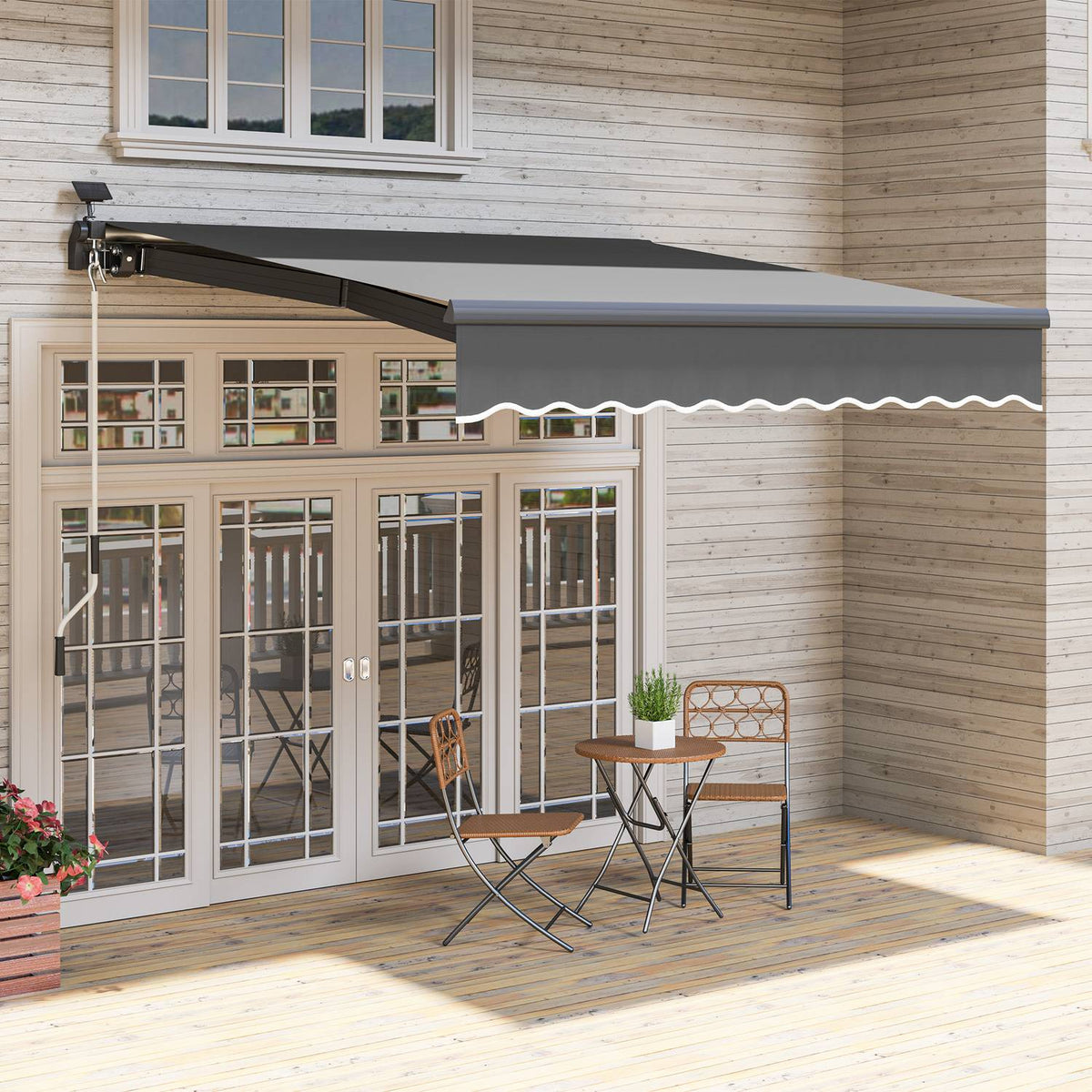 Clamp awning with hand crank, solar light, folding arm awning, sun protection, UV 50+, balcony awning incl. wall bracket, sun awning, 300 cm wide for terrace, balcony, veranda, gray