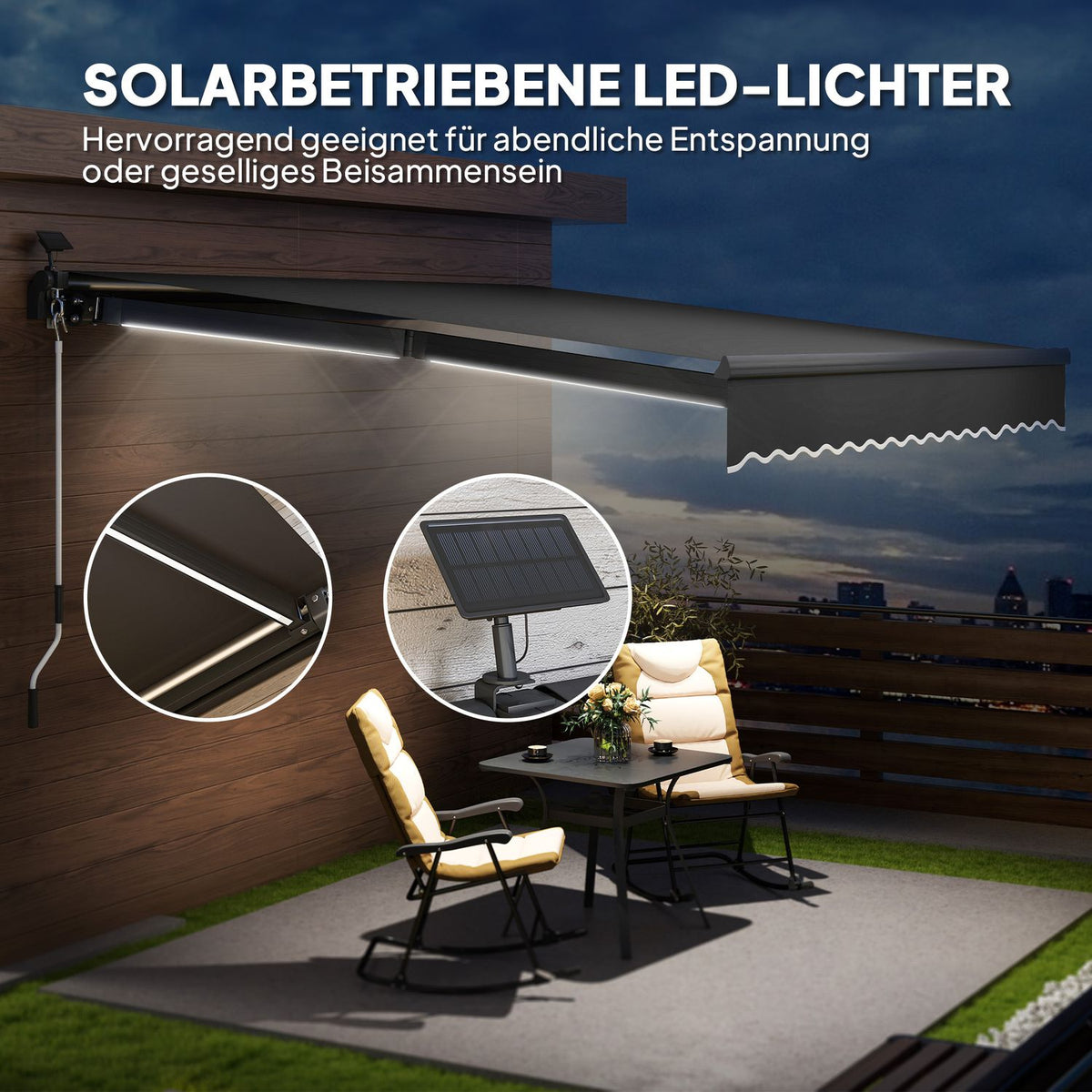 Clamp awning with hand crank, solar light, folding arm awning, sun protection, UV 50+, balcony awning incl. wall bracket, sun awning, 400 cm wide for terrace, balcony, veranda, gray