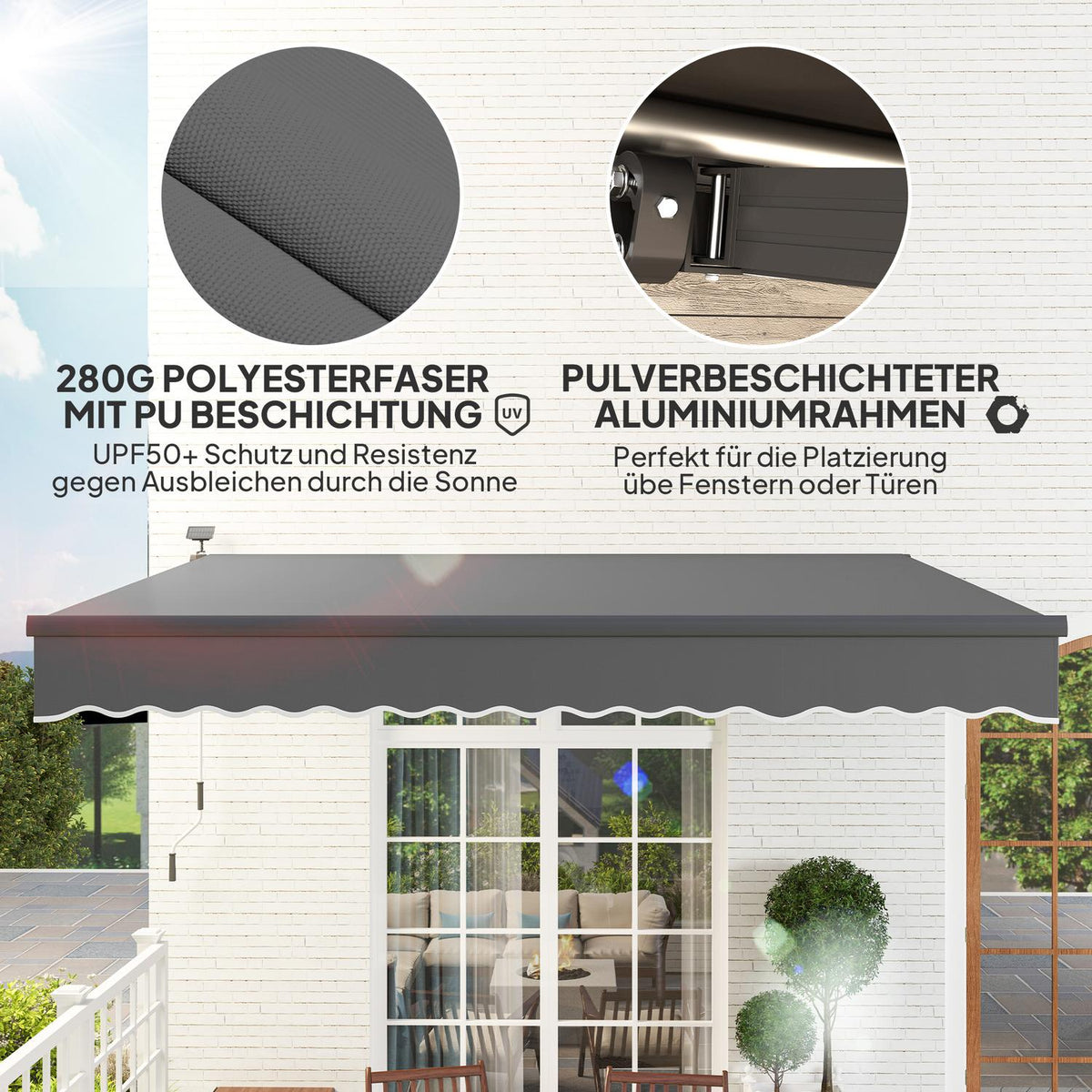 Clamp awning with hand crank, solar light, folding arm awning, sun protection, UV 50+, balcony awning incl. wall bracket, sun awning, 400 cm wide for terrace, balcony, veranda, gray