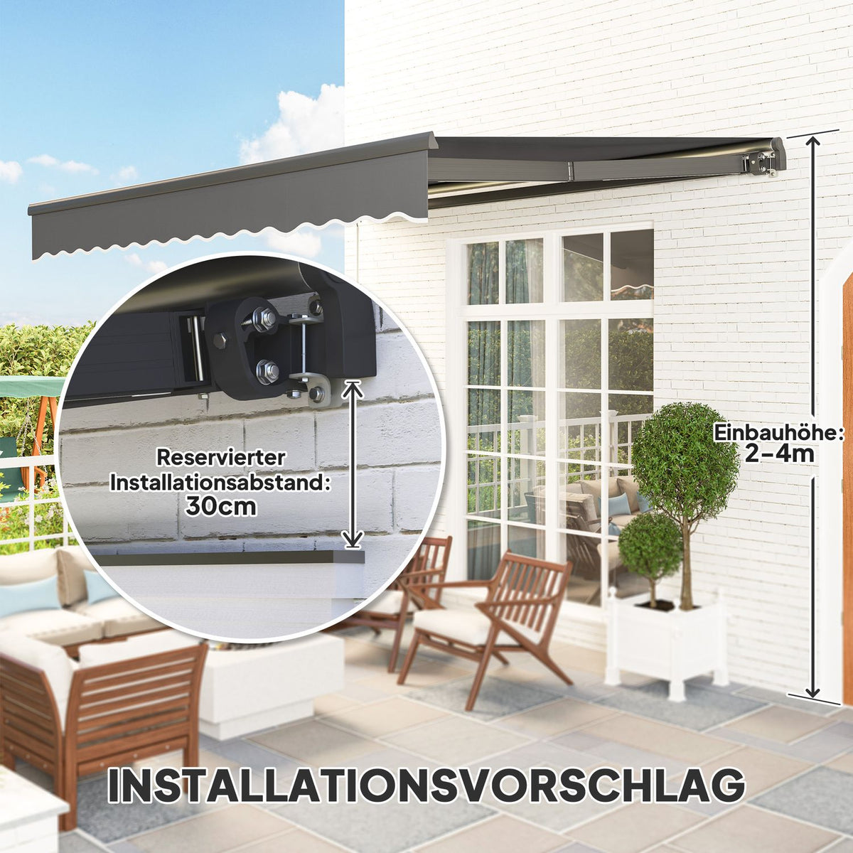 Clamp awning with hand crank, solar light, folding arm awning, sun protection, UV 50+, balcony awning incl. wall bracket, sun awning, 400 cm wide for terrace, balcony, veranda, gray