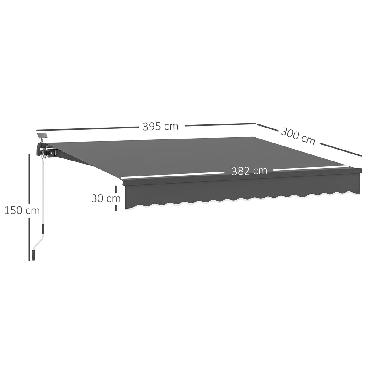 Clamp awning with hand crank, solar light, folding arm awning, sun protection, UV 50+, balcony awning incl. wall bracket, sun awning, 400 cm wide for terrace, balcony, veranda, gray