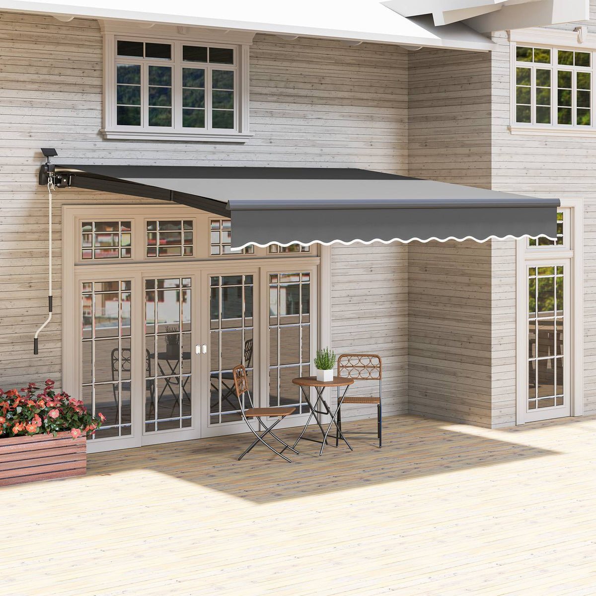 Clamp awning with hand crank, solar light, folding arm awning, sun protection, UV 50+, balcony awning incl. wall bracket, sun awning, 400 cm wide for terrace, balcony, veranda, gray