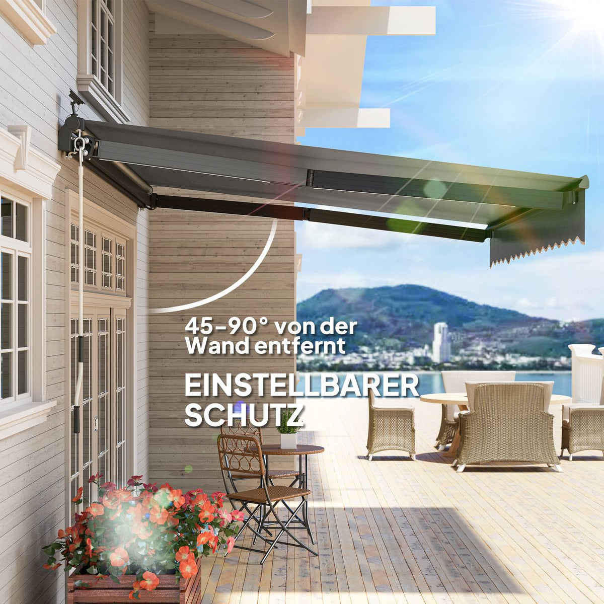 Clamp awning with hand crank, solar light, folding arm awning, sun protection, UV 50+, balcony awning incl. wall bracket, sun awning, 400 cm wide for terrace, balcony, veranda, gray