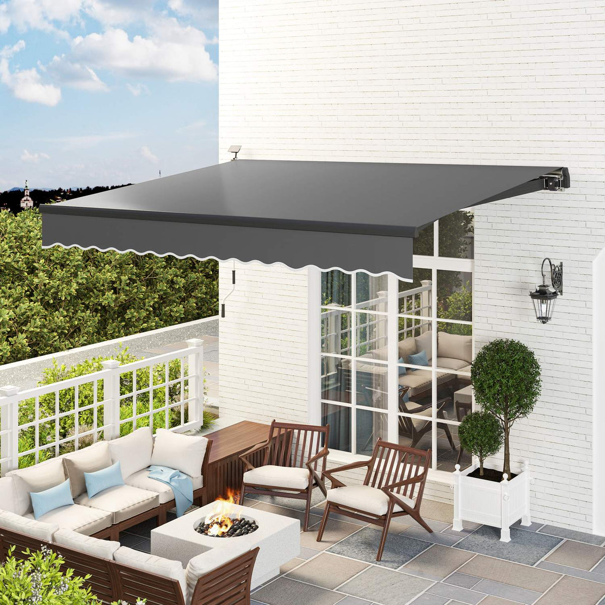 Clamp awning with hand crank, solar light, folding arm awning, sun protection, UV 50+, balcony awning incl. wall bracket, sun awning, 400 cm wide for terrace, balcony, veranda, gray