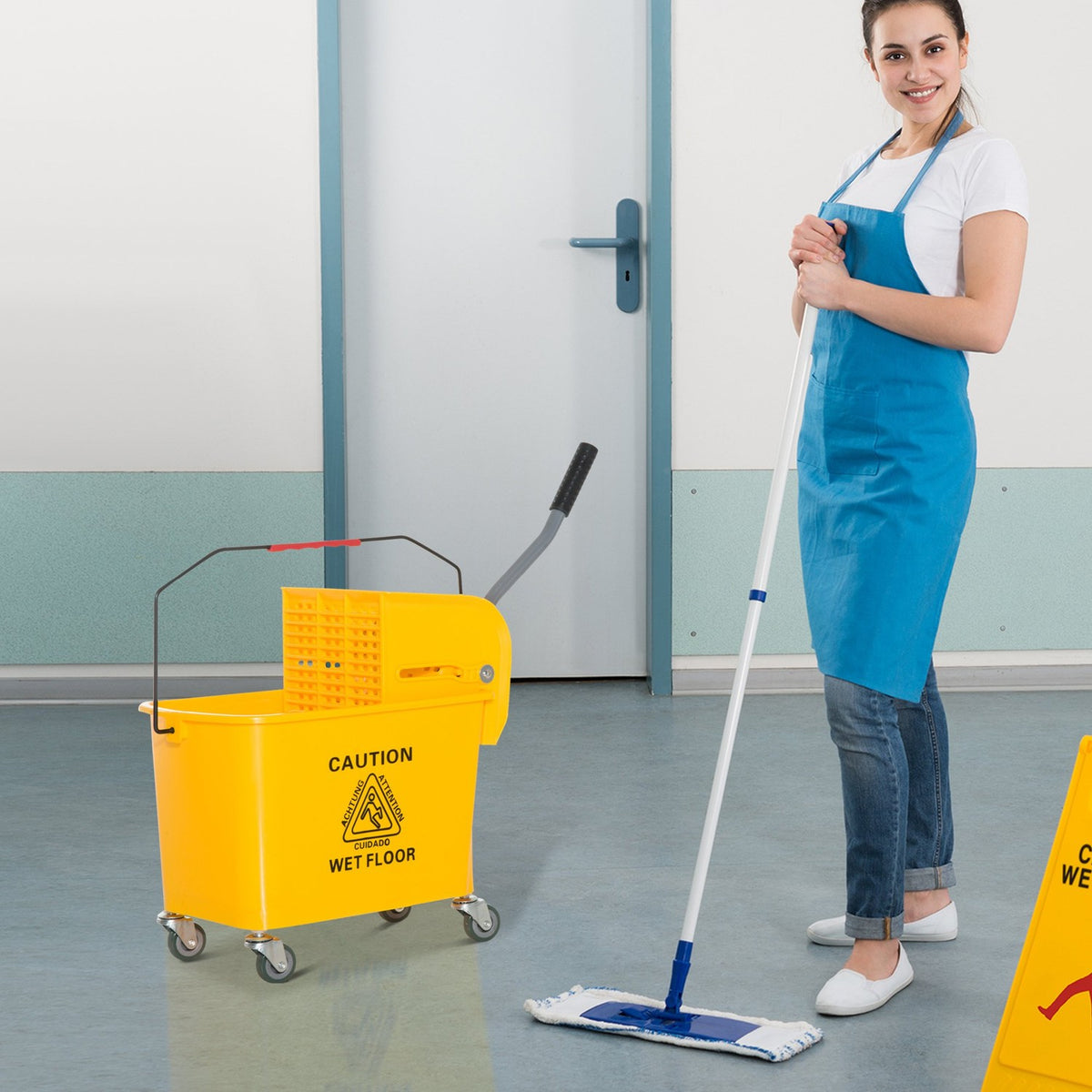 Cleaning Bucket Cleaning Trolley Wiping Trolley Mobile Bucket 20 Liters With Press 2 Chambers Yellow