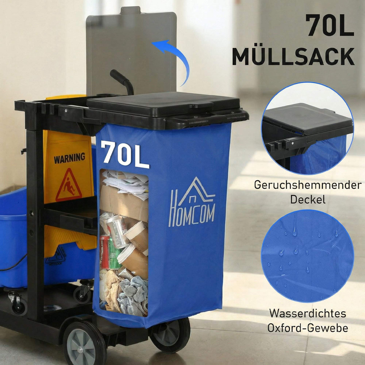 Cleaning Cart with 3 Shelves, 70L Bag, Mop Bucket, Blue
