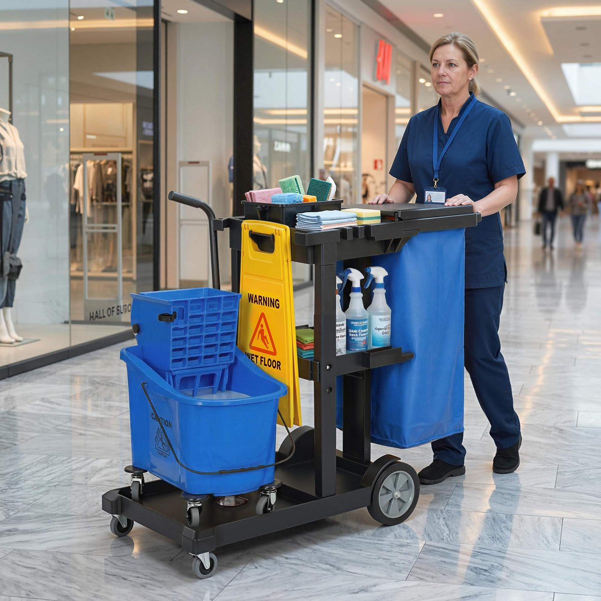 Cleaning Cart with 3 Shelves, 70L Bag, Mop Bucket, Blue