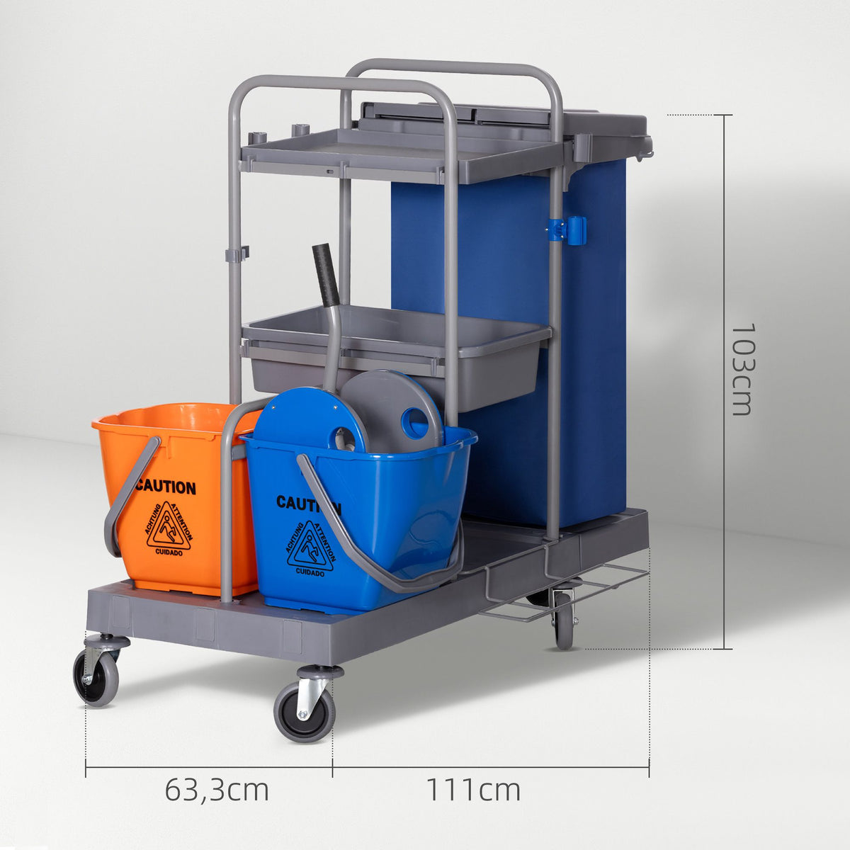 Cleaning Cart with Mop Press, 3-Tier, 2x18L Buckets